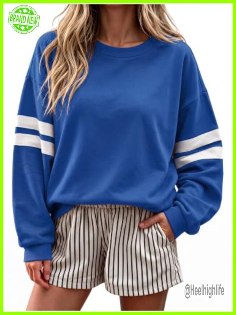 Oversized Striped Crewneck Sweatshirt Lantern Sleeve Pullover Casual Top